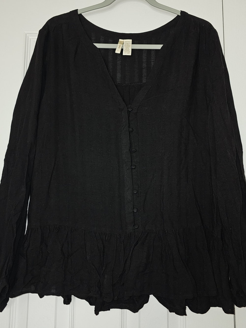 Japna Black Button-Front Ruffle Hem Blouse